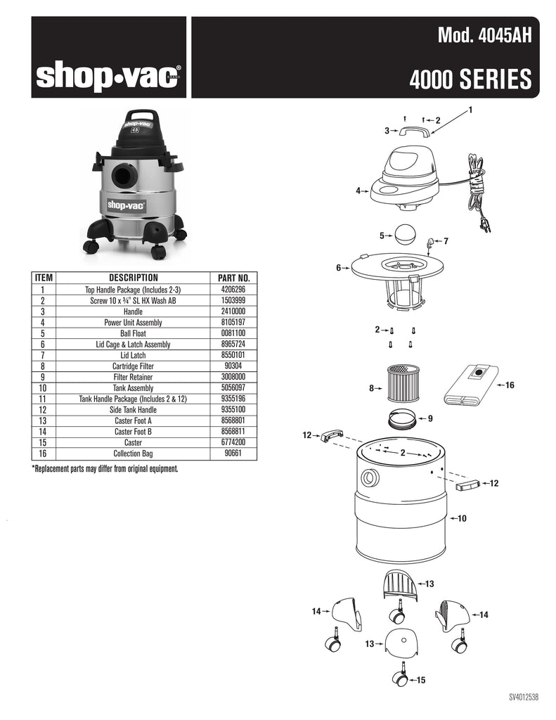 Shop-Vac Parts List for 4045AH Models (5 Gallon* Vac with Collection Bag)
