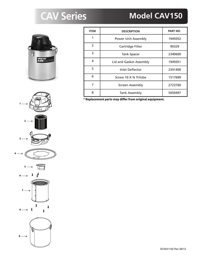 Shop-Vac Parts List for CAV150 Models (5 Gallon* Ash Vacuum)