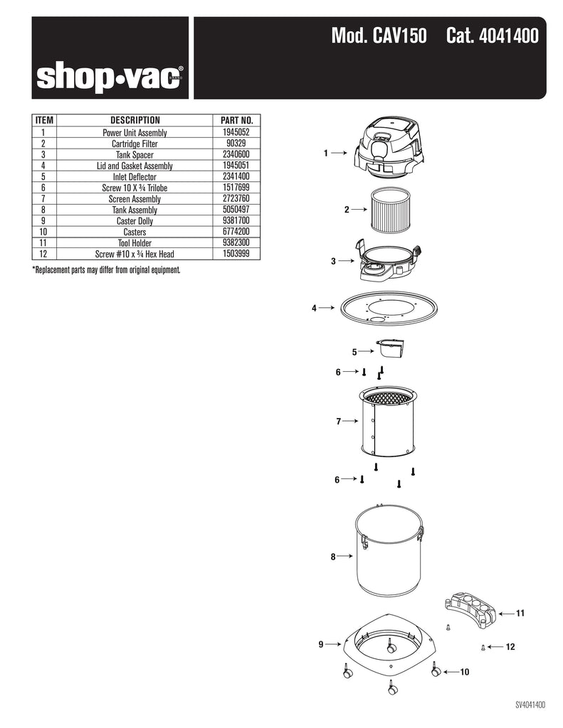 Shop-Vac Parts List for CAV150 Models (Shop-Vac 5.0 Gallons* Ash Dry Vacuum)