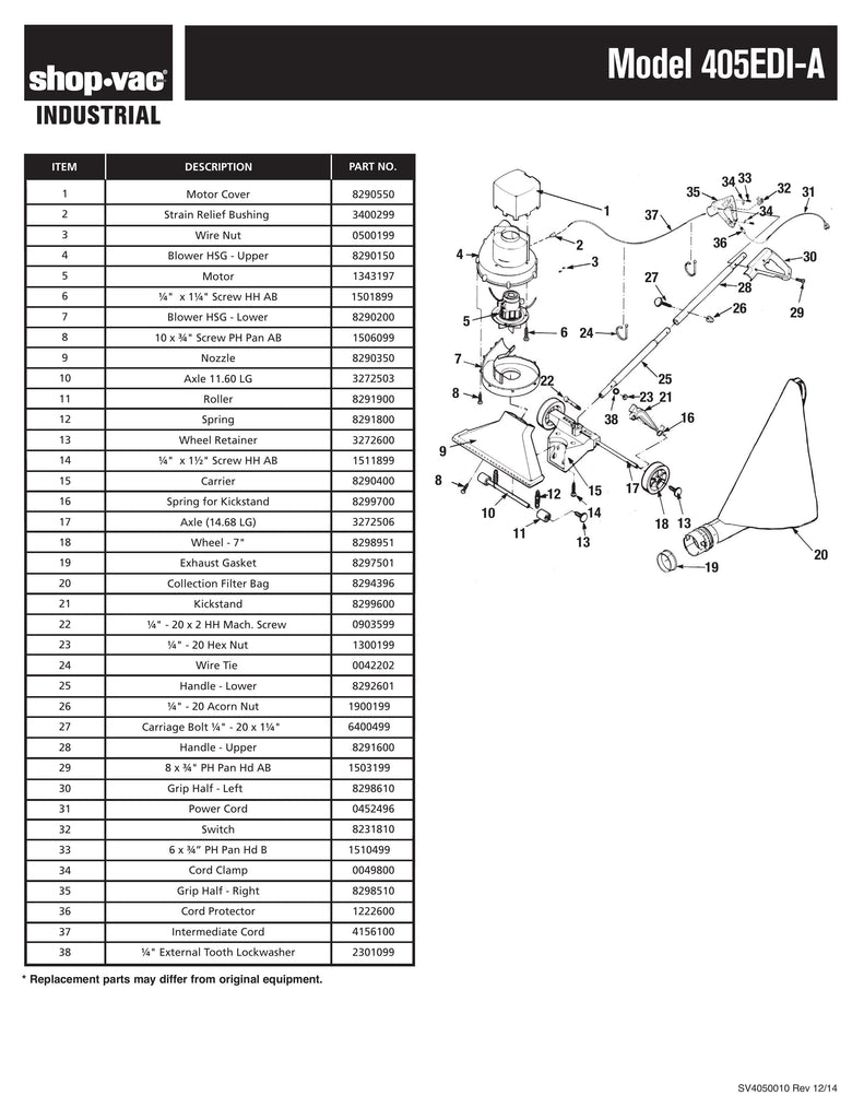 Shop-Vac Parts List for 405EDI-A Models (Industrial Shop Sweeper)