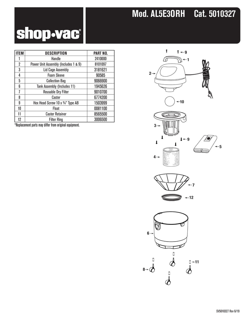 Shop-Vac Parts List for AL5E30RH Models (Shop-Vac 3 Gallon* 5.0 Peak HP** Wet/Dry Vacuum)