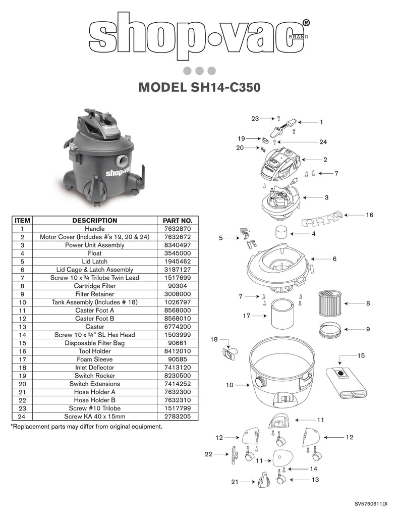 Shop-Vac Parts List for SH14-C350 Models (6 Gallon* 3.5 Peak HP** Wet/Dry Vacuum)