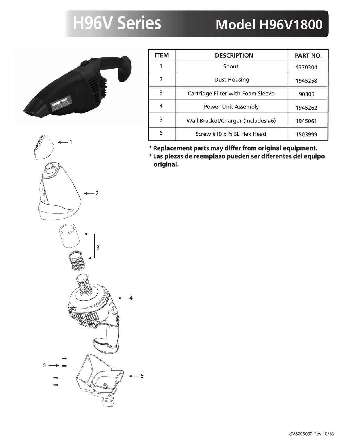 ShopVac Parts List for H96V1800 Models (9.6V Rechargable) ShopVac Store