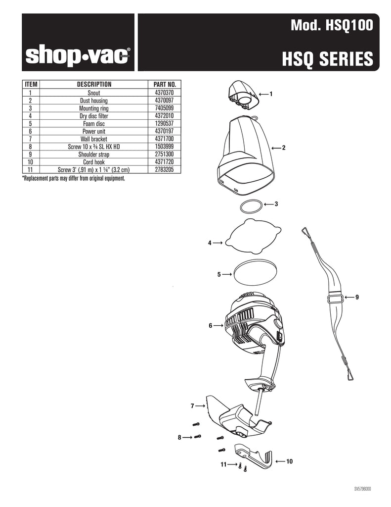 Shop-Vac Parts List for HSQ100 Models (Shop-Vac Hand-Held Dry Vac)