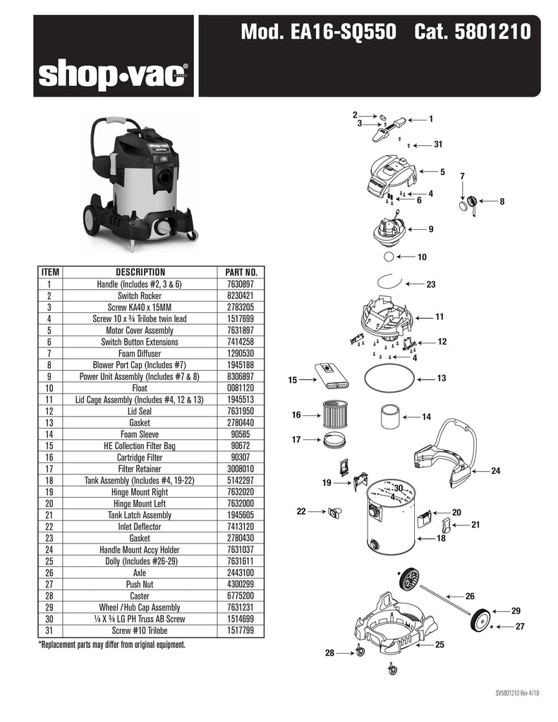 Shop-Vac Parts List for EA16-SQ550 Models (Shop-Vac Eagle Eye 12 Gallon* 5.5 Peak HP** Stainless Steel Wet/Dry Vac)