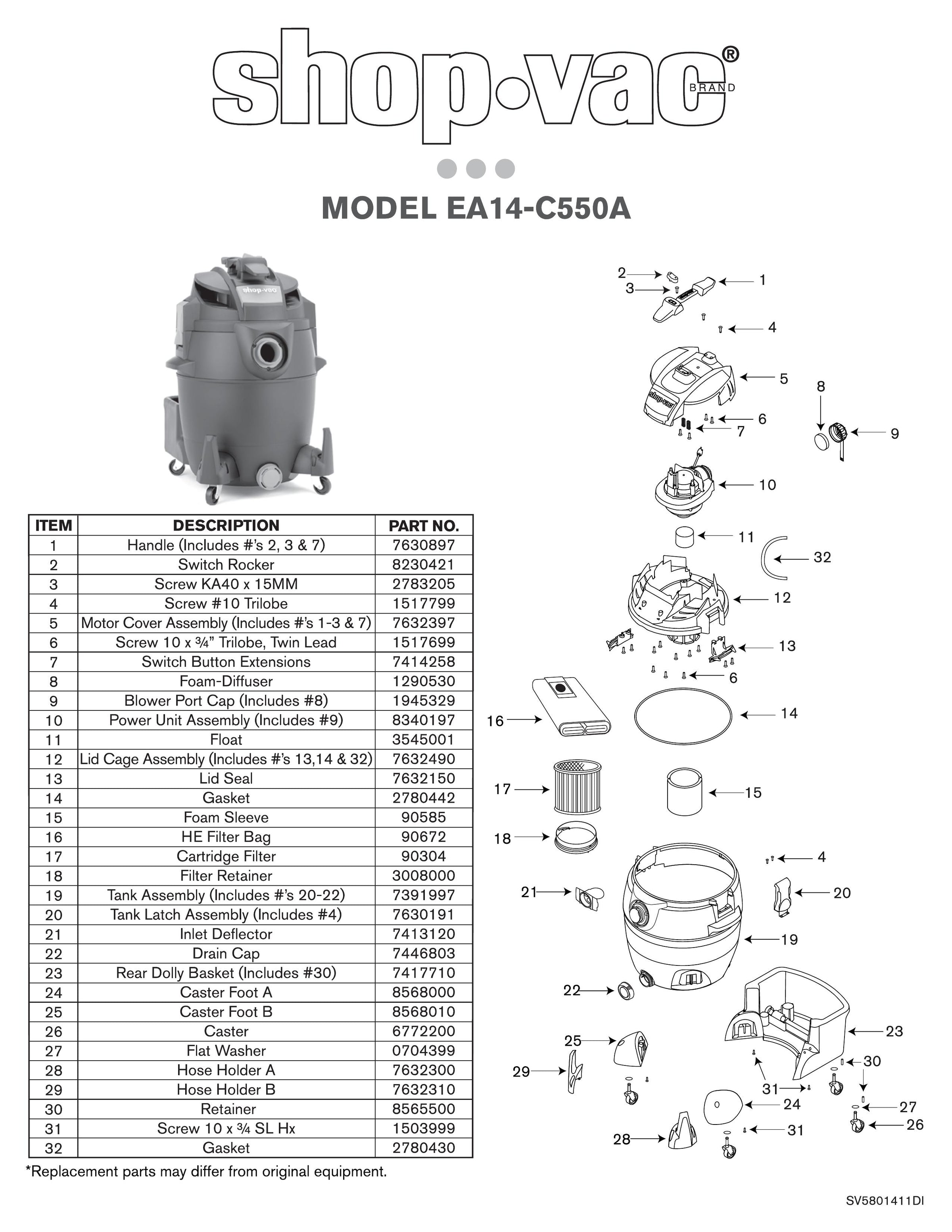 EA14-C550A 14-Gal 5.5 HP Wet/Dry Vac Parts List | Shop-Vac | Shop