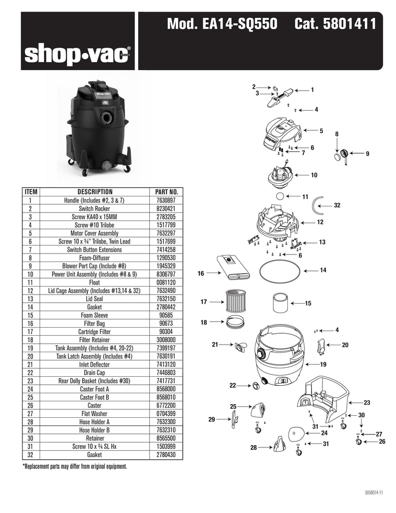 Shop-Vac Parts List for EA14-SQ550 Models (Shop-Vac 14 Gallon* 5.5 Peak HP** SVX2 Wet/Dry Vacuum)