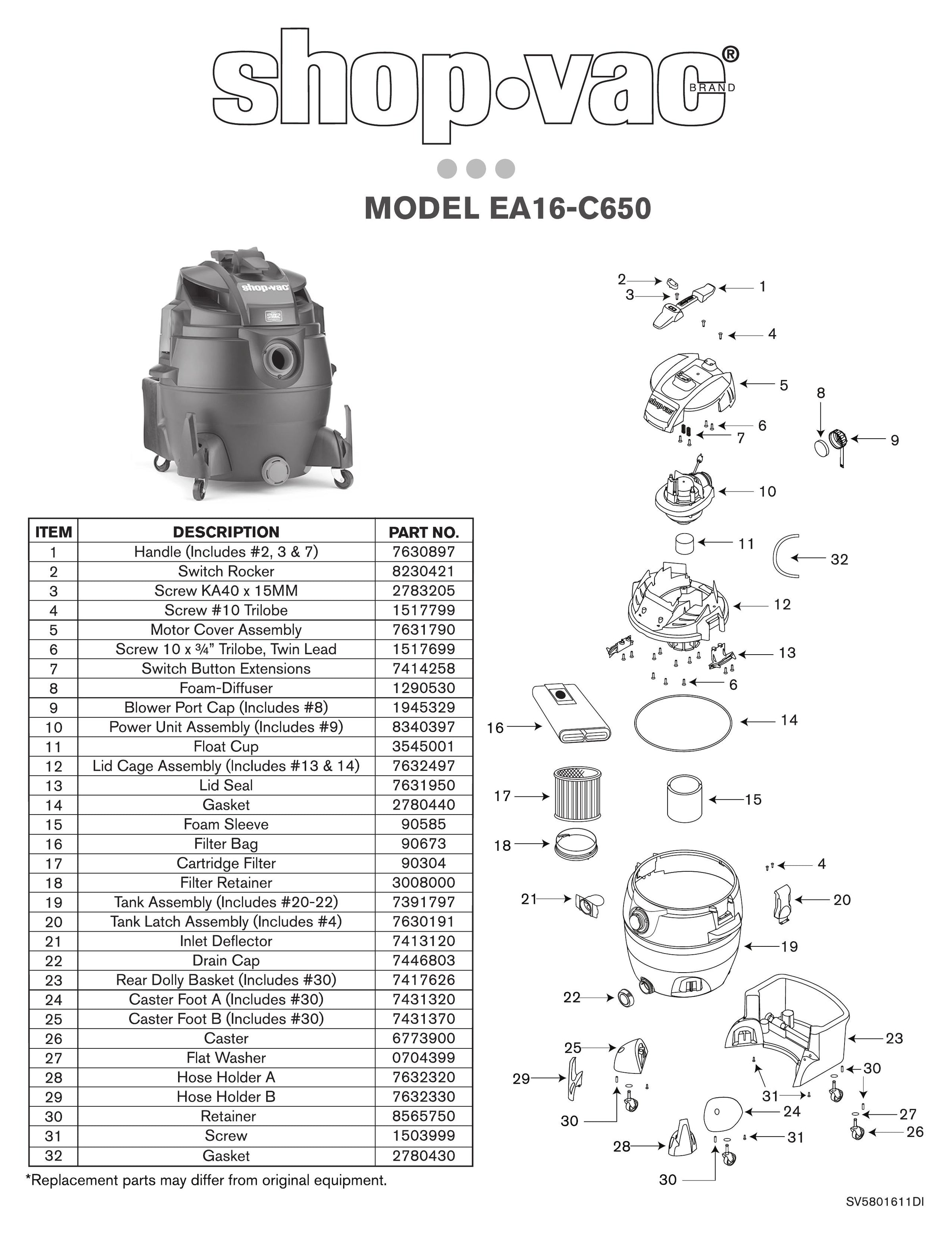 メル85316 Shop-Vac Parts List for SH14-C650 Models (16 Gallon* 6.5