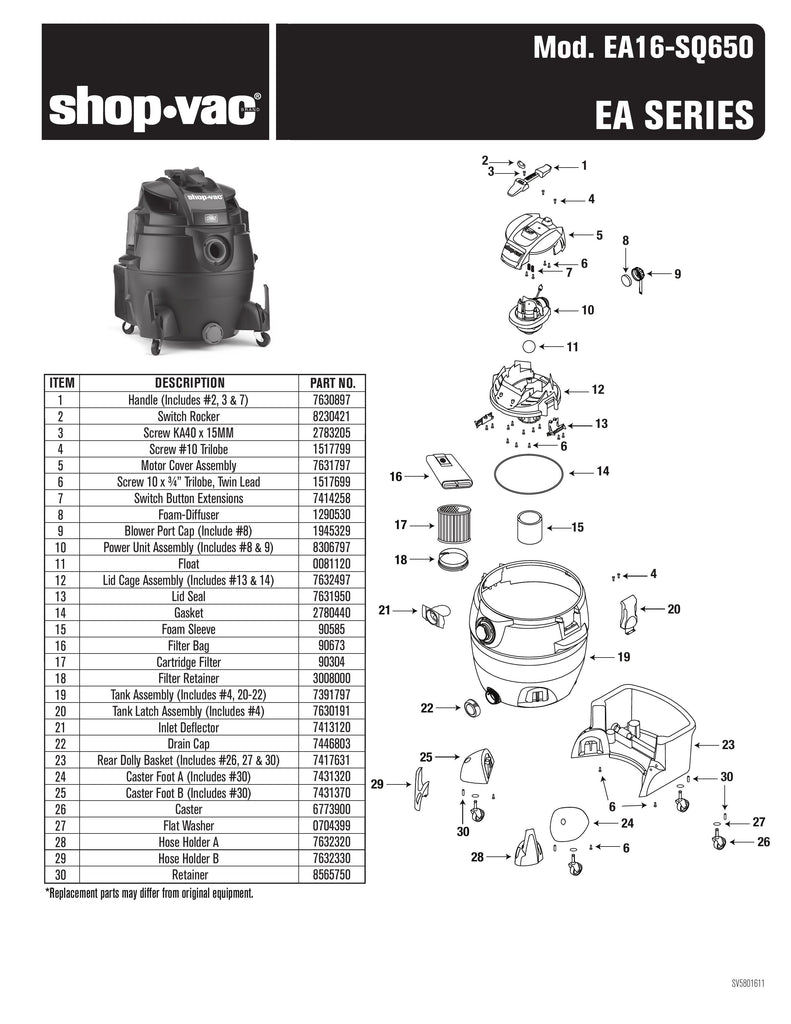 Shop-Vac Parts List for EA16-SQ650 Models (Shop-Vac 16 Gallon* 6.5 Peak HP** Wet/Dry Vacuum with SVX2 Motor Technology)