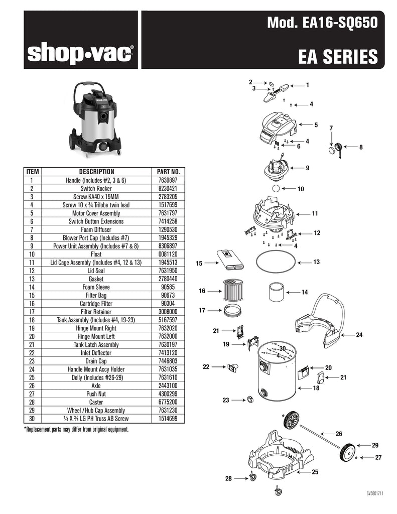 Shop-Vac Parts List for EA16-SQ650 Models (16 Gallon* Black / Red SVX2 Vac w/ Stainless Steel Tank)