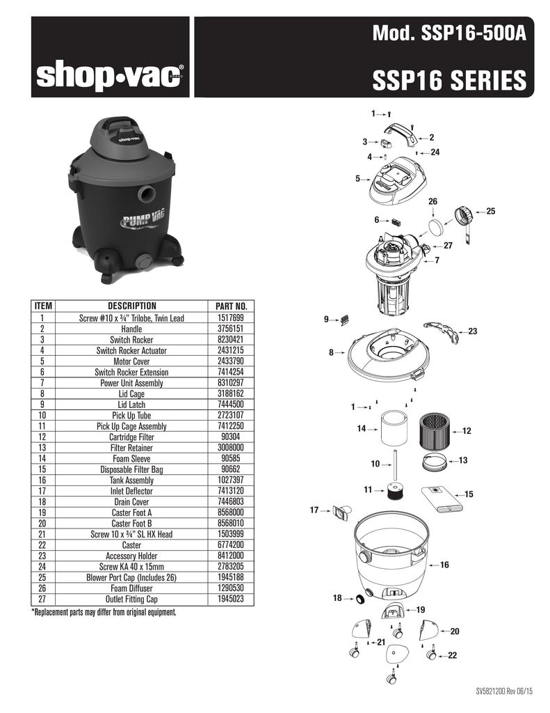 Shop-Vac Parts List for SSP16-500A Models (12 Gallon* Black / Red Pump Vac)