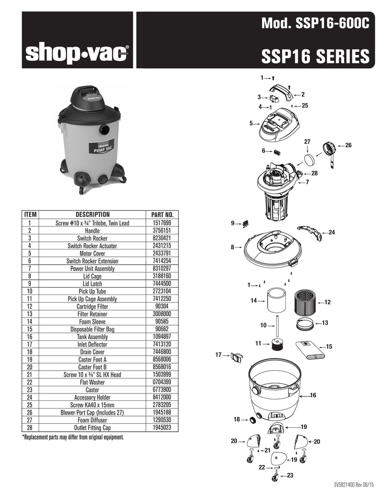 Shop-Vac Parts List for SSP16-600C Models (14 Gallon* Yellow / Black Pump Vac)