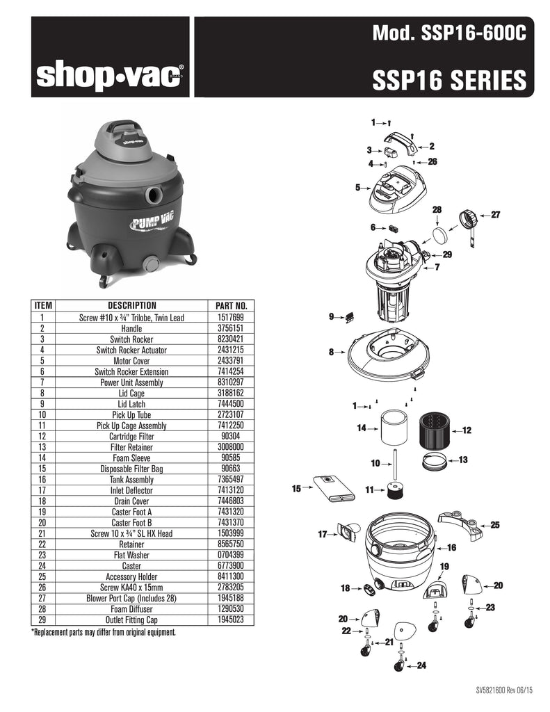 Shop-Vac Parts List for SSP16-600C Models (16 Gallon* Black / Red Pump Vac)