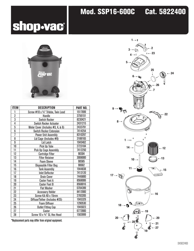ShopVac Parts List for SSP16600C Models 14 Gallon* 6.0 Pea
