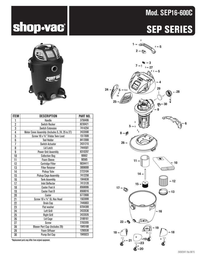 Shop-Vac Parts List for SEP16-600C Models (14 Gallon* Black / Red Pump Vac Vac)