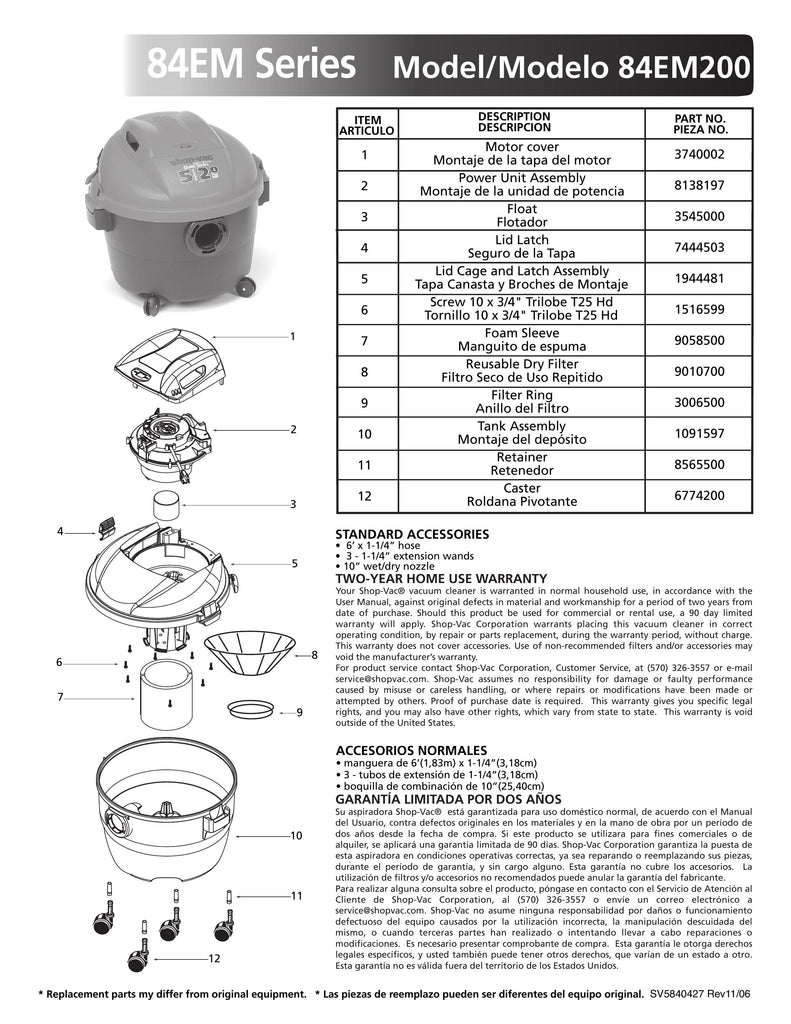 Shop-Vac Parts List for 84EM200 Models (5 Gallon* Black / Red Vac)