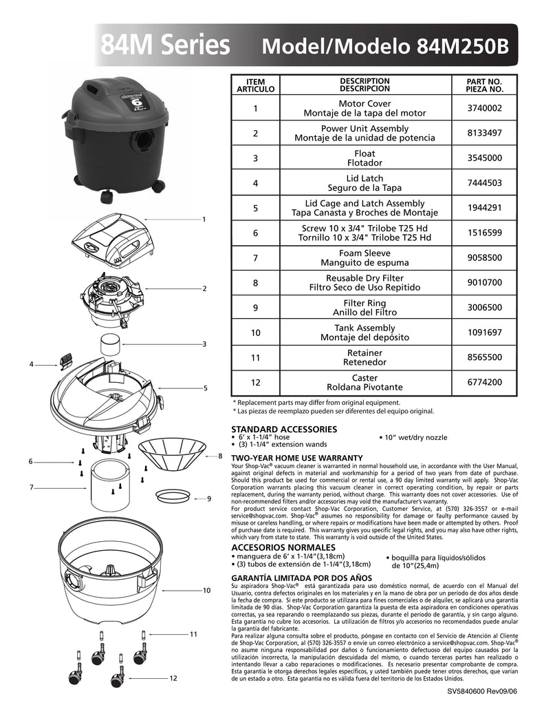 Shop-Vac Parts List for 84M250B Models (6 Gallon* Black / Red Vac w/Four Casters)