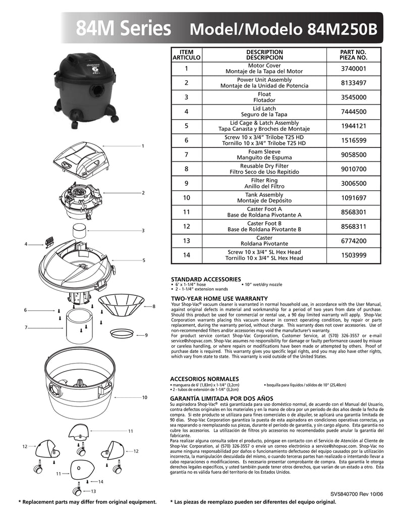 Shop-Vac Parts List for 84M250B Models (6 Gallon* Black / Red Vac w/Four Caster Feet & Casters)