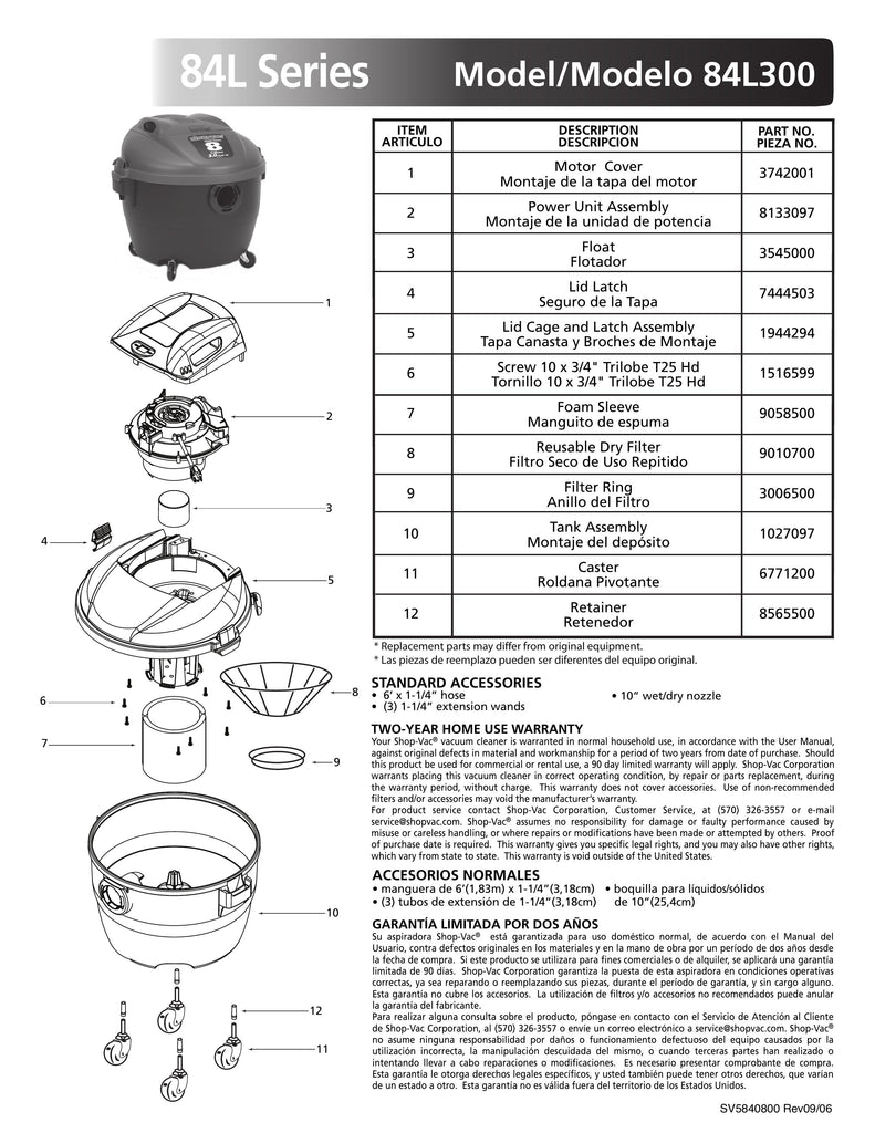 Shop-Vac Parts List for 84L300 Models (8 Gallon* Black / Red Vac)