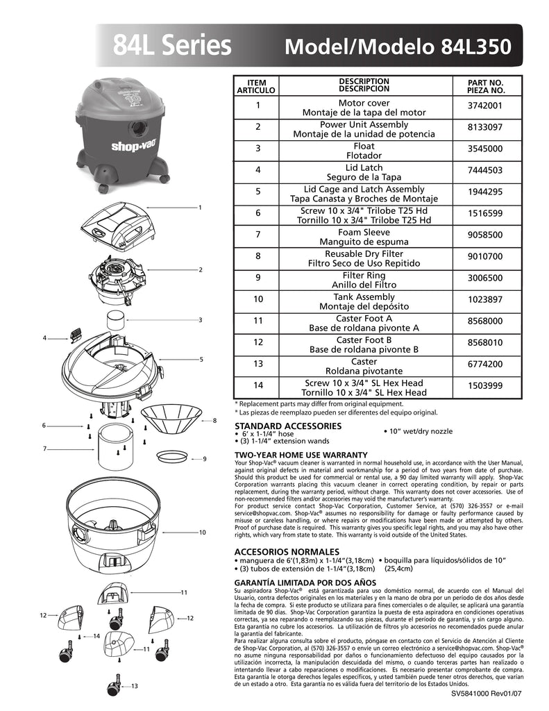 Shop-Vac Parts List for 84L350 Models (10 Gallon* Red / Black Vac w/ Dual Hooded Casters)