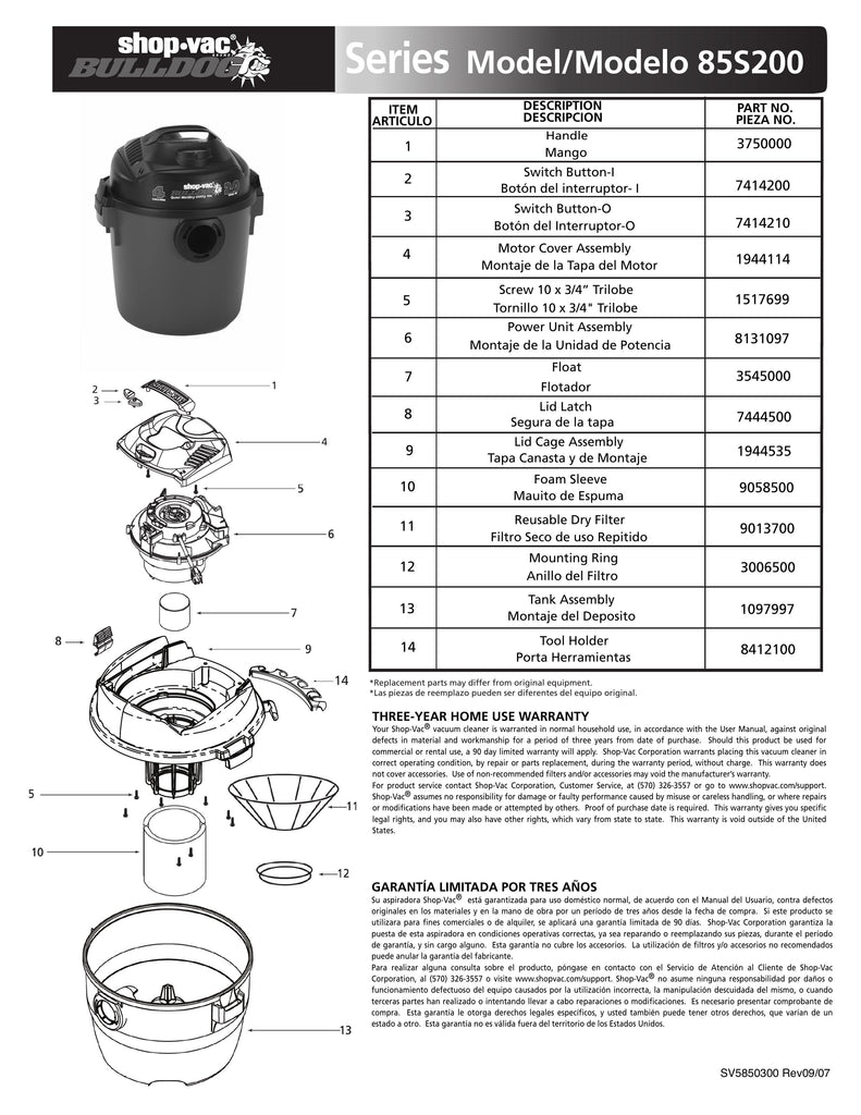 ShopVac Parts List for 85S200 Models (4 Gallon* Red / Black Vac