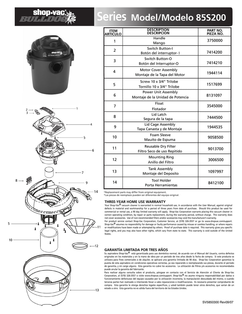 Shop-Vac Parts List for 85S200 Models (4 Gallon* Red / Black Vac)