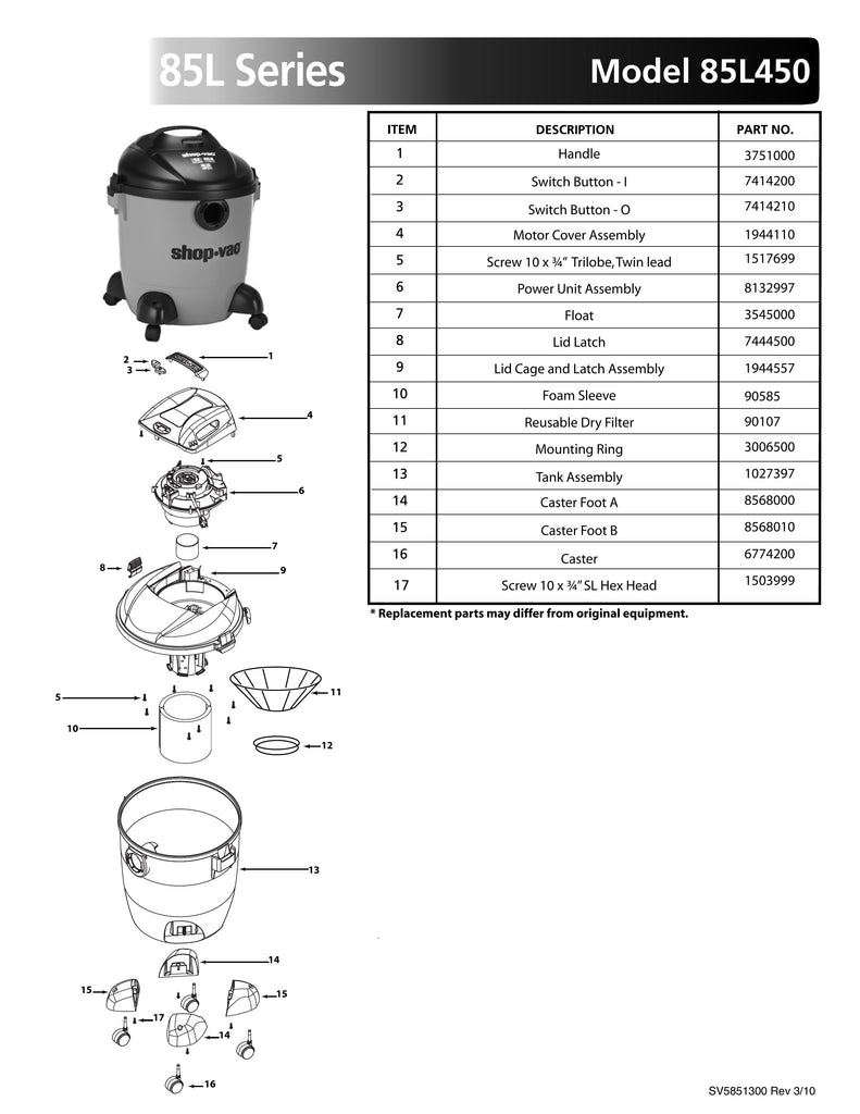 ShopVac Parts List for 85L450 Models (12 Gallon* Orange / Black Vac