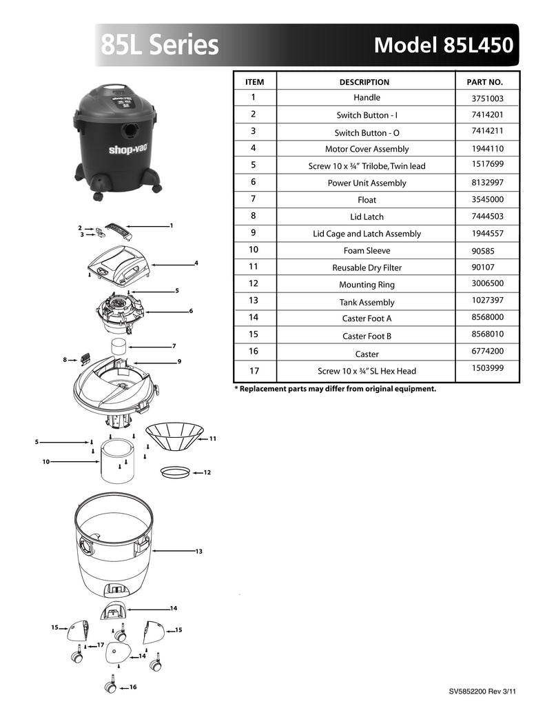 Shop-Vac Parts List for 85L450 Models (12 Gallon* Black / Red Vac)