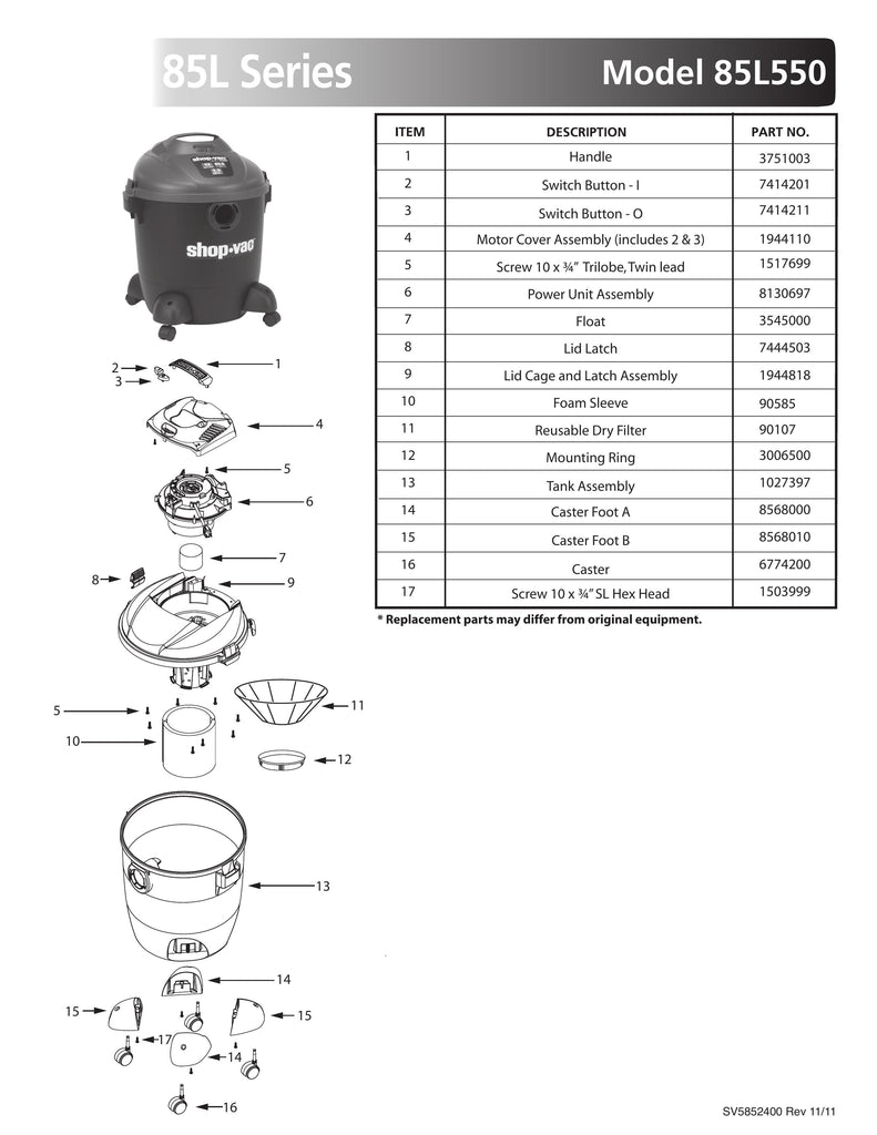 Shop-Vac Parts List for 85L550 Models (12 Gallon* Black / Red Vac)