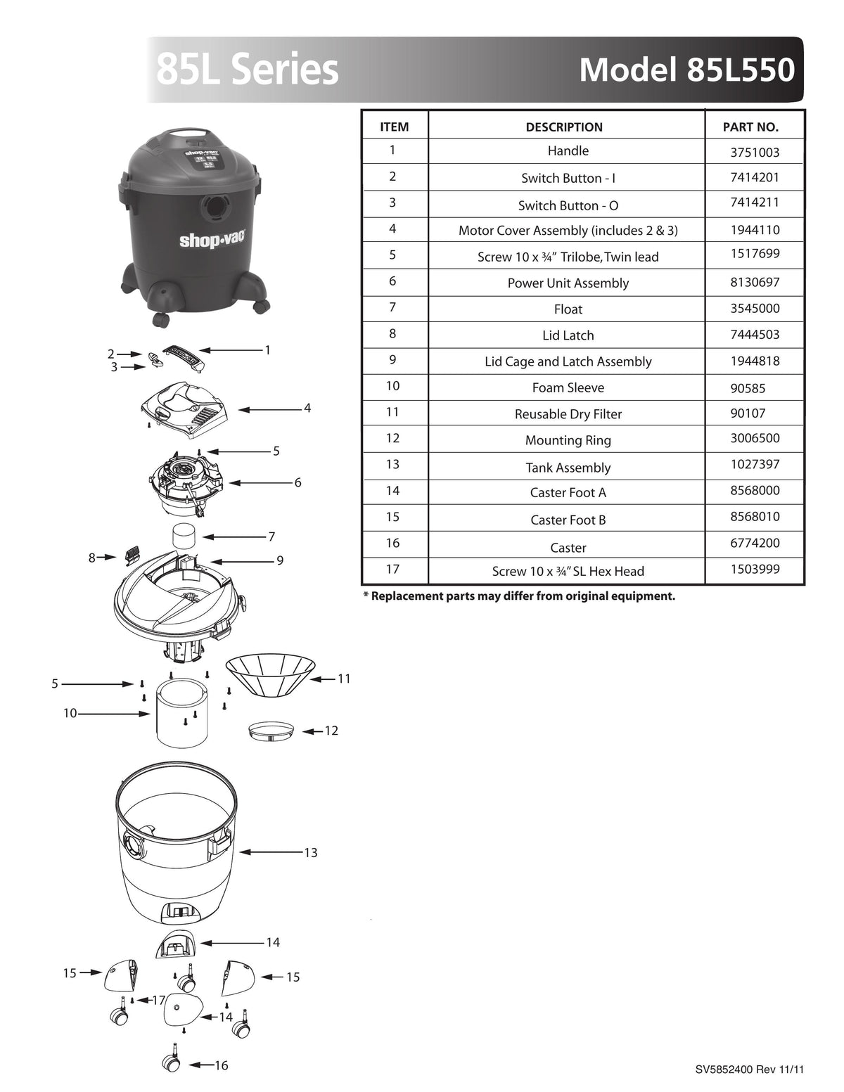 ShopVac Parts List for 85L550 Models (12 Gallon* Black / Red Vac