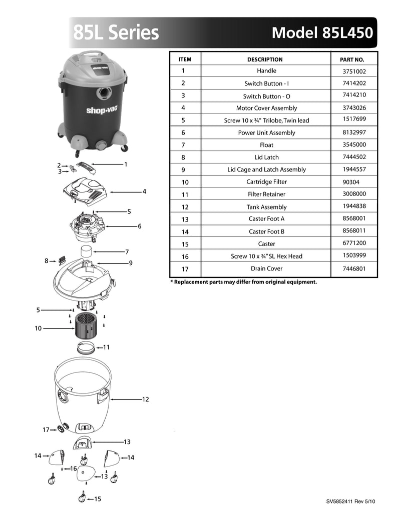 Shop-Vac Parts List for 85L450 Models (14 Gallon* Blue / Gray Vac)