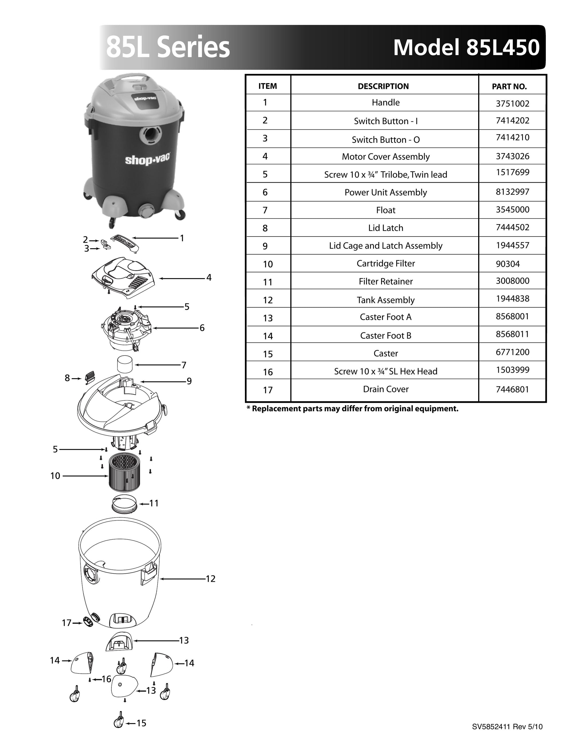 ShopVac Parts List for 85L450 Models (14 Gallon* Blue / Gray Vac
