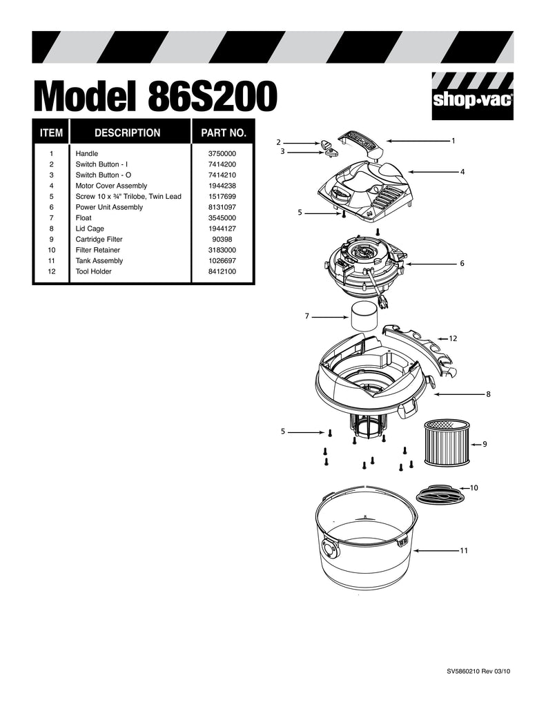 Shop-Vac Parts List for 86S200 Models (2.5 Gallon* Yellow / Black Vac)