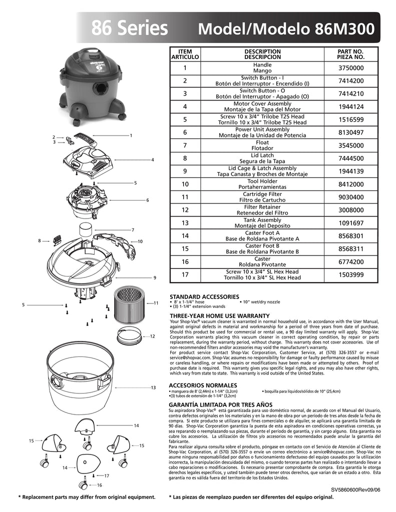 Shop-Vac Parts List for 86M300 Models (6 Gallon* Gray / Black Vac)