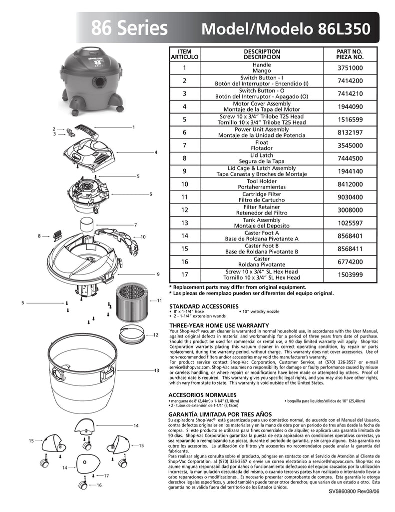 Shop-Vac Parts List for 86L350 Models (8 Gallon* Gray / Black Vac)