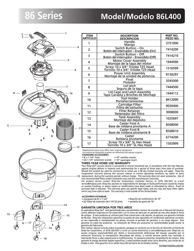 Shop-Vac Parts List for 86L400 Models (10 Gallon* Gray / Black Vac)