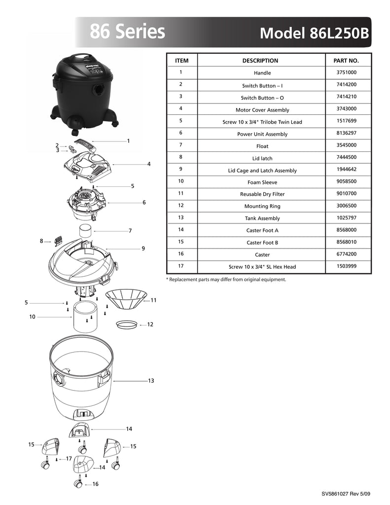Shop-Vac Parts List for 86L250B Models (10 Gallon* Black Vac)