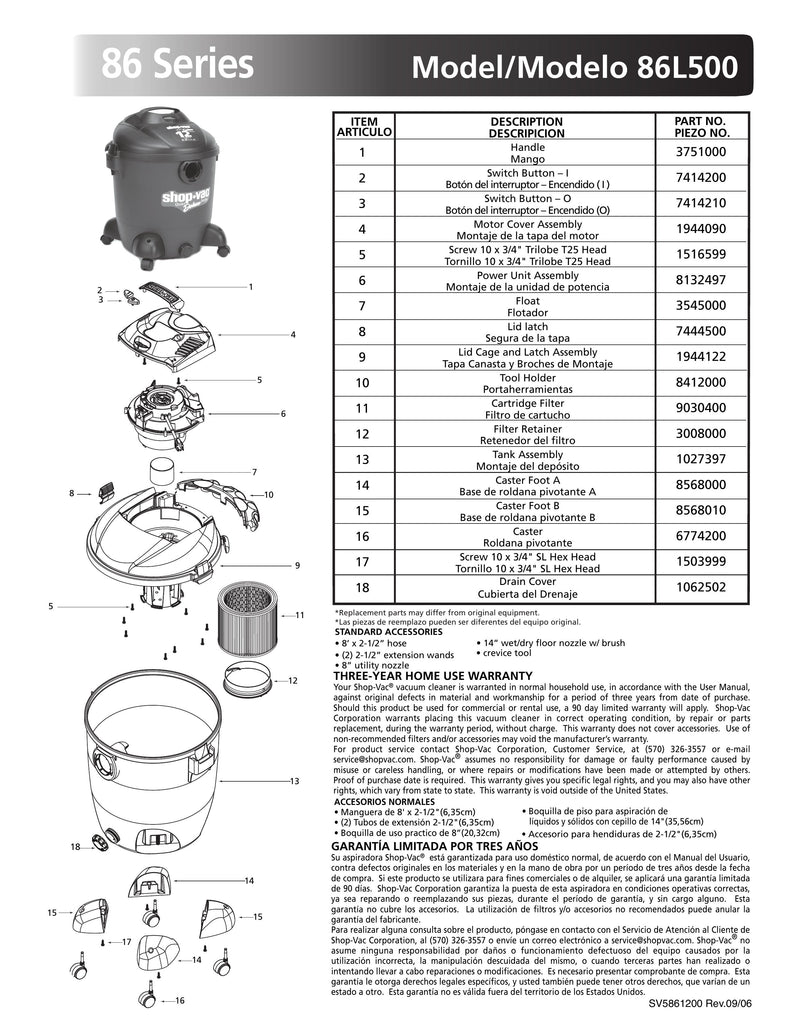 Shop-Vac Parts List for 86L500 Models (12 Gallon* Gray / Black Vac)