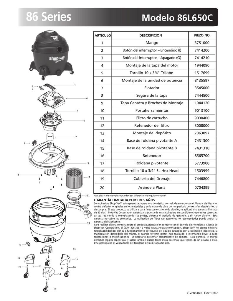 Shop-Vac Parts List for 86L650C Models (16 Gallon* Gray / Black Vac without Collection Bag)