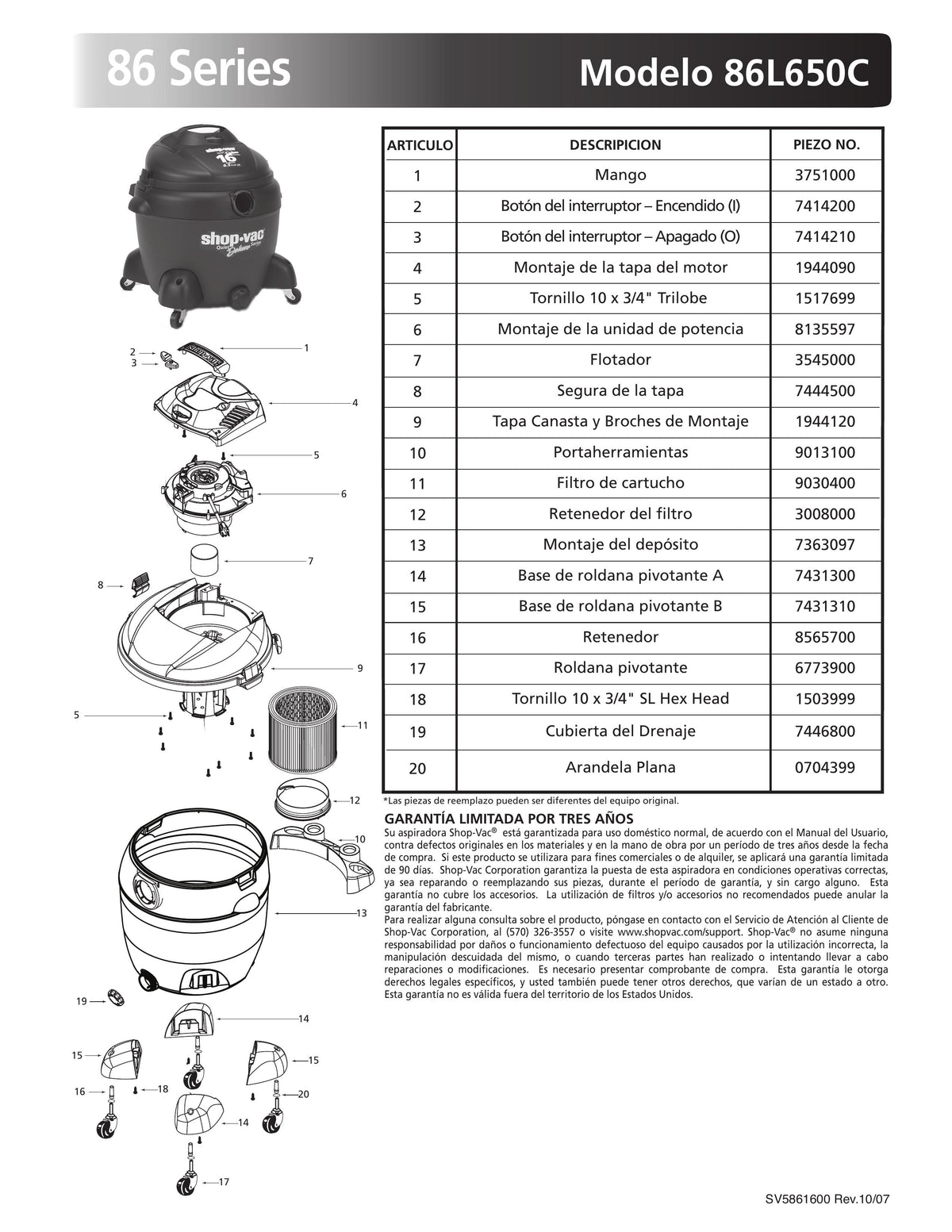ShopVac Parts List for 86L650C Models (16 Gallon* Gray / Black Vac wi ShopVac Store