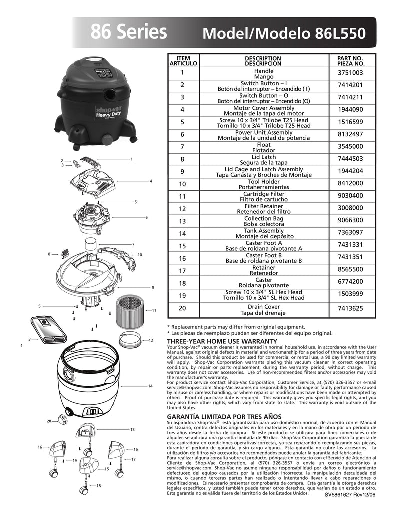 Shop-Vac Parts List for 86L550 Models (16 Gallon* Black / Red Vac w/ Four Dual Hooded Casters & Tool Holder on Lid)
