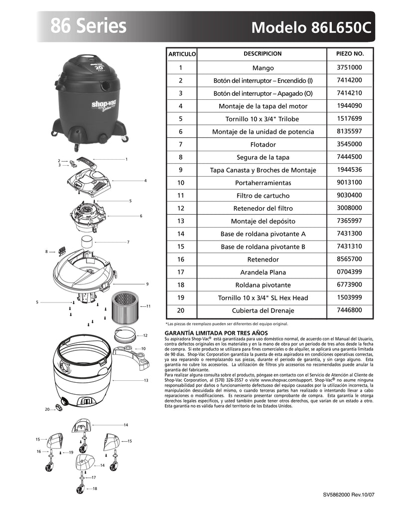 Shop-Vac Parts List for 86L650C Models (20 Gallon* Gray / Black Vac w/ Four Caster Feet)