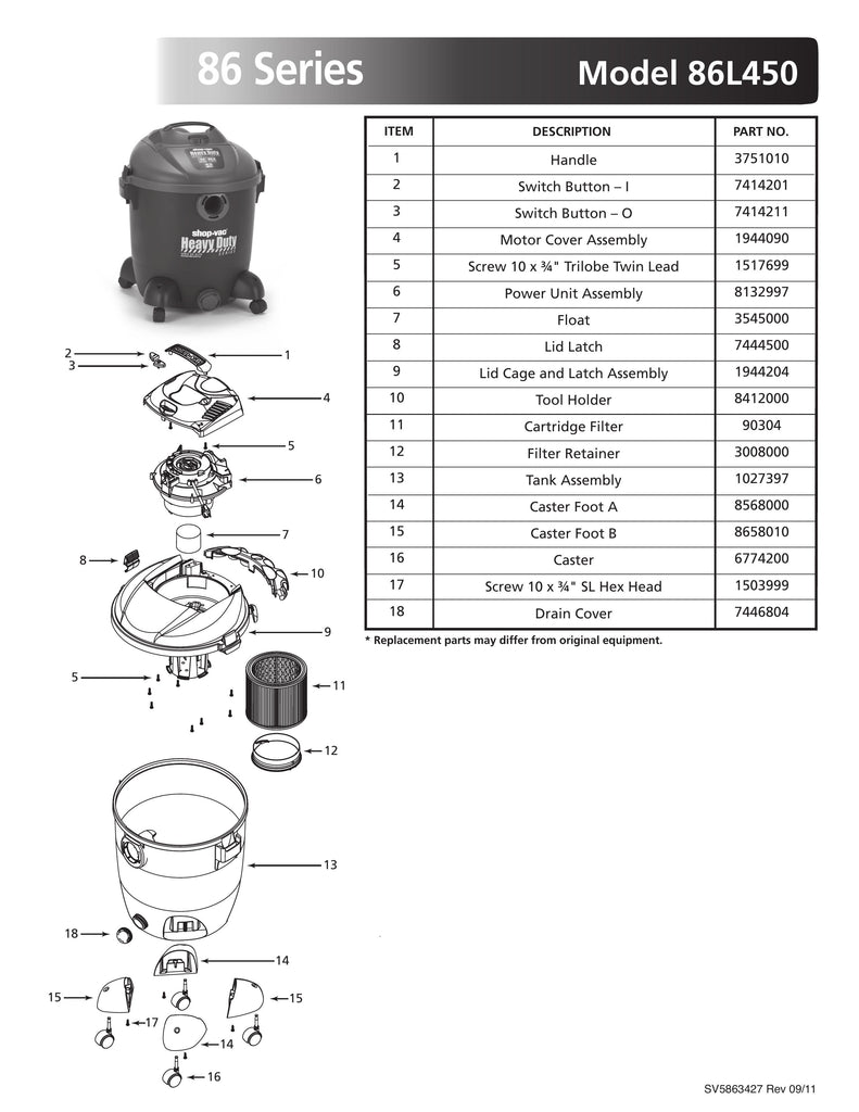 Shop-Vac Parts List for 86L450 Models (12 Gallon* Black / Red Vac)