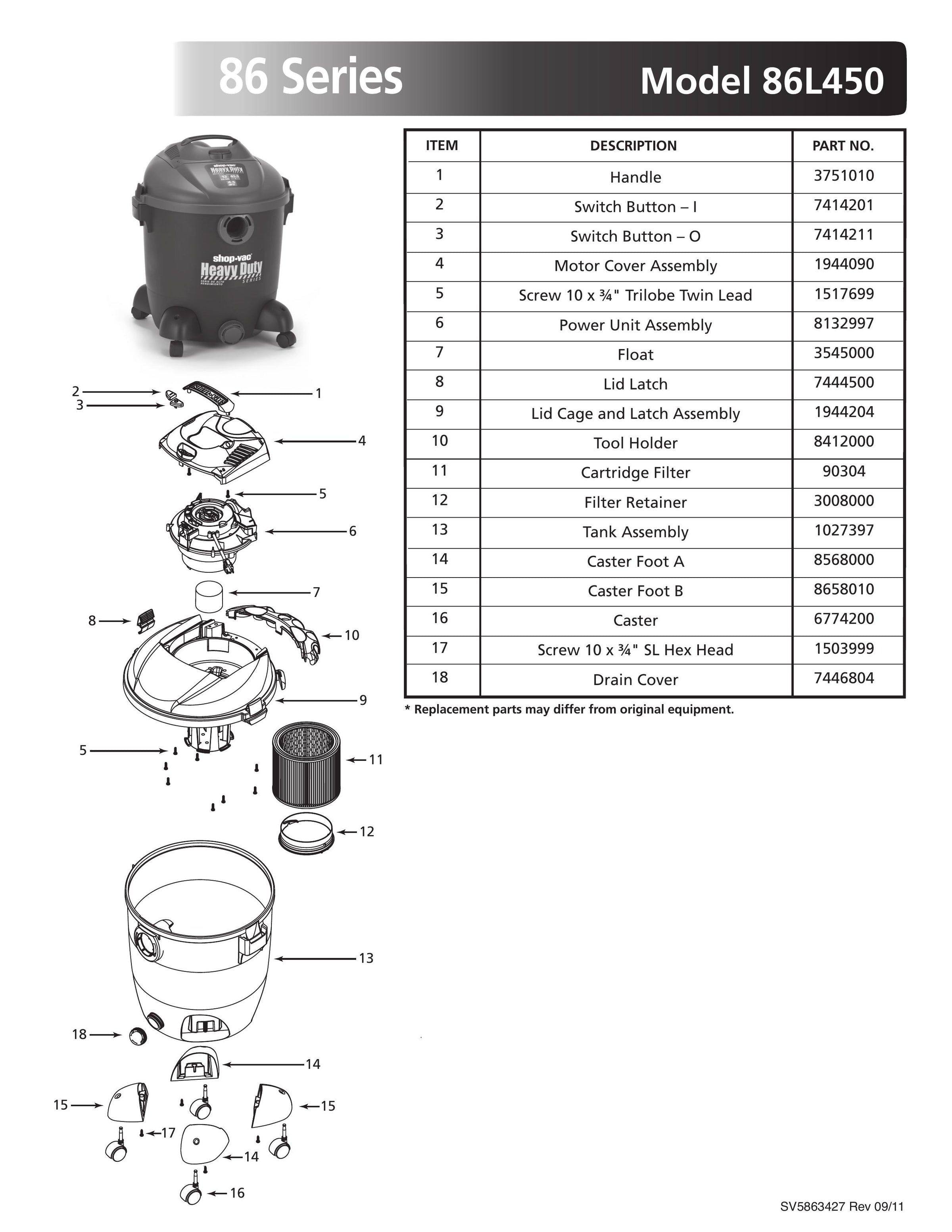 バルザックページ Shop-Vac Parts List for 86L450 Models (12 Gallon* Black