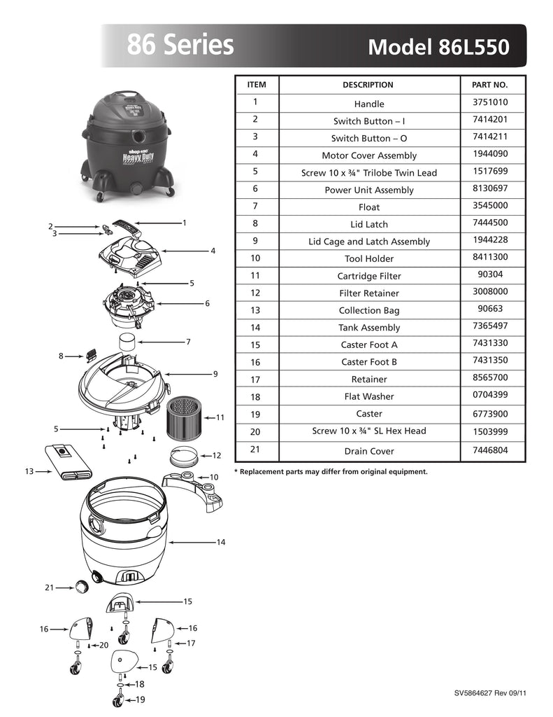 Shop-Vac Parts List for 86L550 Models (16 Gallon* Black / Red Vac w/ Four Casters & Tool Holder on Tank)