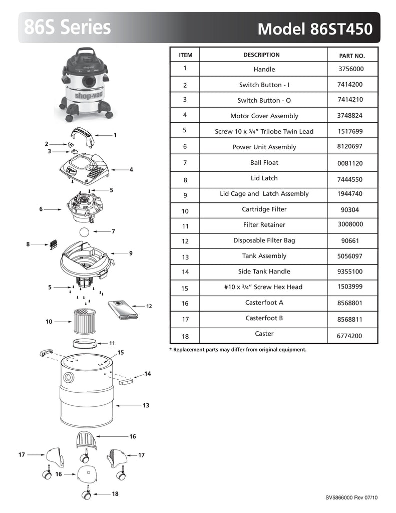 Shop-Vac Parts List for 86ST450 Models (5 Gallon* Black / Stainless Steel Vac)