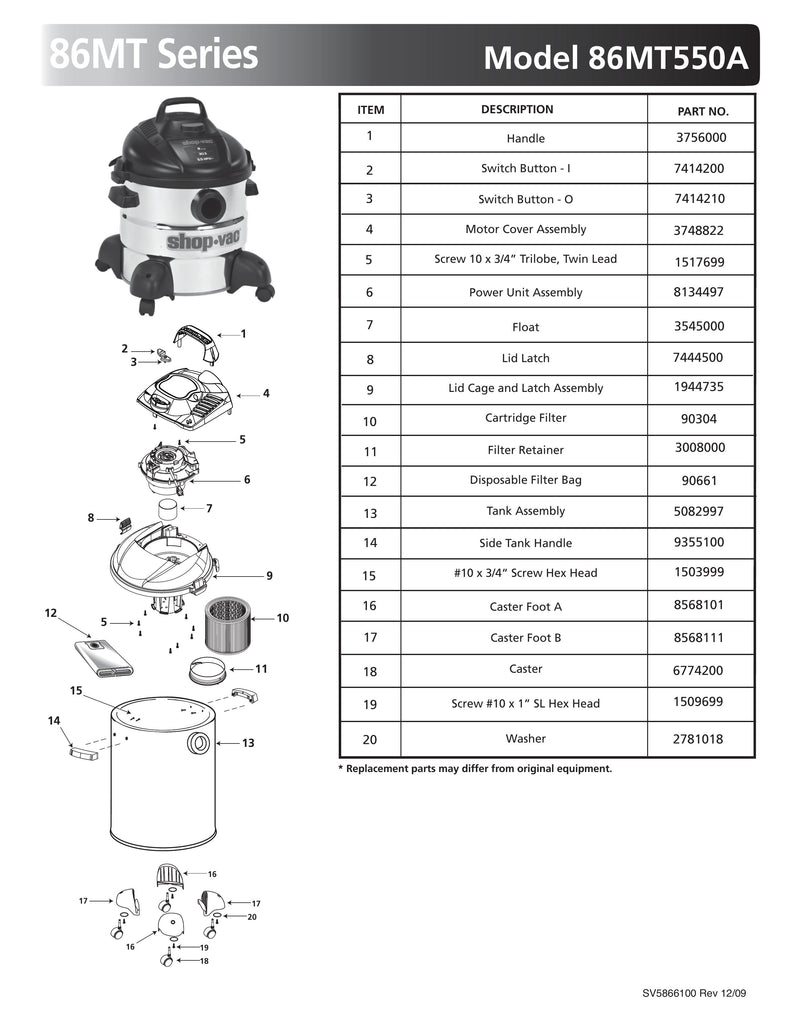 Shop-Vac Parts List for 86MT550A Models (8 Gallon* Black / Stainless Steel Vac)