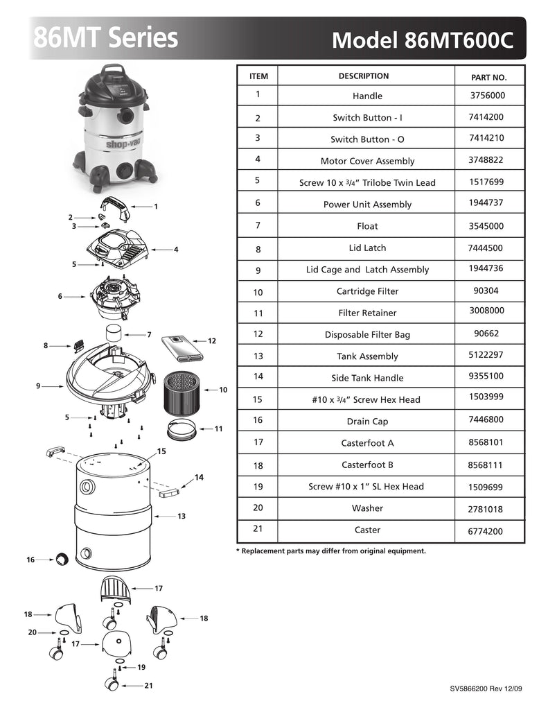 Shop-Vac Parts List for 86MT600C Models (12 Gallon* Black / Stainless Steel Vac)