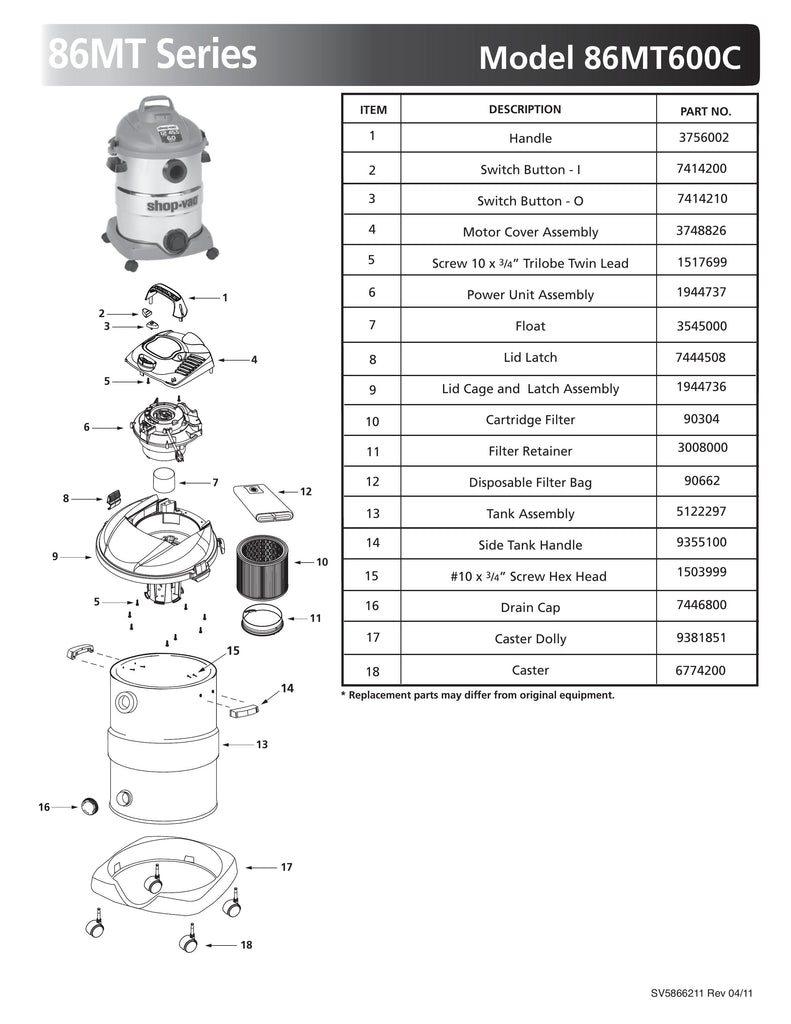 Shop-Vac Parts List for 86MT600C Models (12 Gallon* Gray / Stainless Steel Vac)