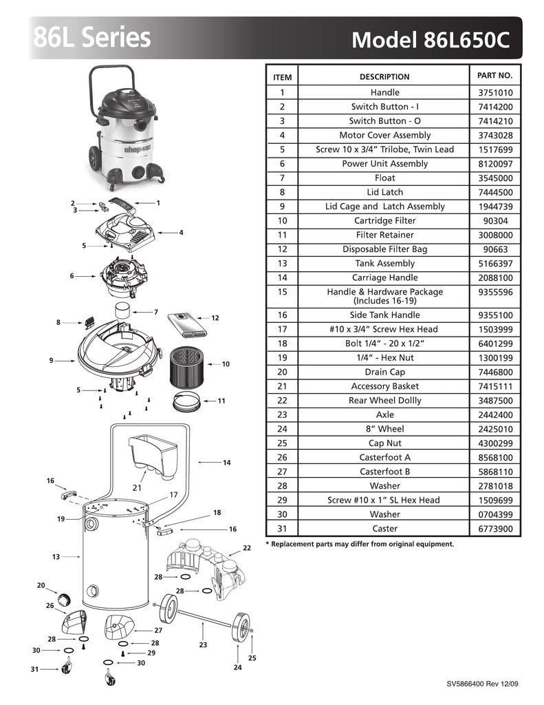 Shop-Vac Parts List for 86L650C Models (16 Gallon* Black / Stainless Steel Vac w/ Transport Handle and Rear Wheel Dolly)